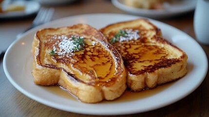 Two golden-brown french toast slices topped with sugar and herbs.