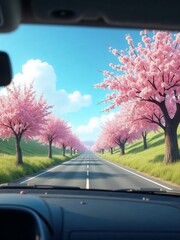 Serene drive in nature with flower-lined road in spring