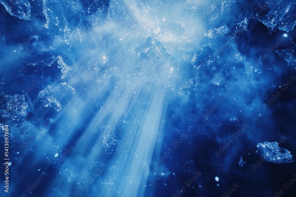 Poster ethereal blue burst with heavenly light rays shining through a cosmic expanse, blue burst abstract e