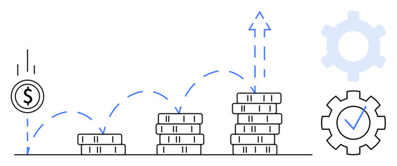 Coin stacks increasing in height with upward arrow, dollar sign coin dropping, and gear with check. Ideal for investment, growth, business, finance, success, strategy achievement flat simple