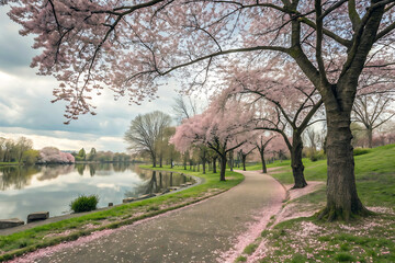 Fototapeta premium Cherry Blossom Tree in Full Bloom with Pink Flowers Under Clear Blue Spring Sky and White Clouds
