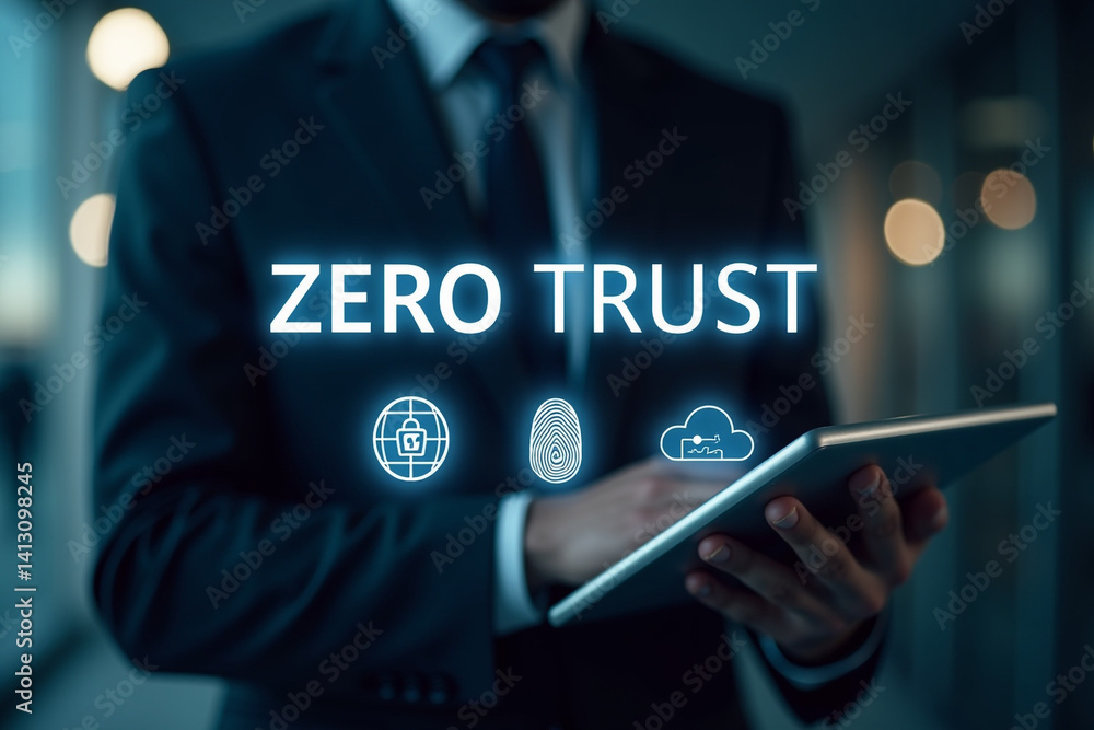 Poster zero trust security concept, person using tablet with zero trust icons on virtual screen for busines