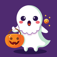 Spooky cute ghost Happy Halloween, pumpkin cartoon with ghost smiling  characters