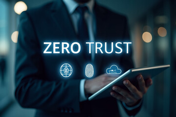 Zero trust security concept, Person using tablet with zero trust icons on virtual screen for business information security network.