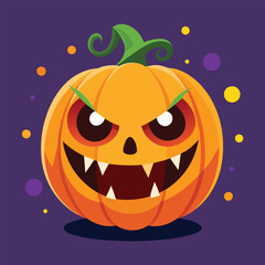Spooky orange halloween pumpkin vector with a scary face, bats, and jack-o-lantern illustration 