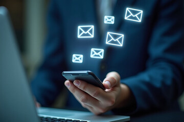 New email concept. Send an information message via email from the tablet. smart SMS mail on digital. Business communication contact newsletter. Marketing social media. Write text on the web.