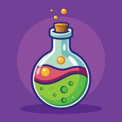 A pink vector illustration shows a transparent bottle, like a potion or perfume flask, with a glass and liquid