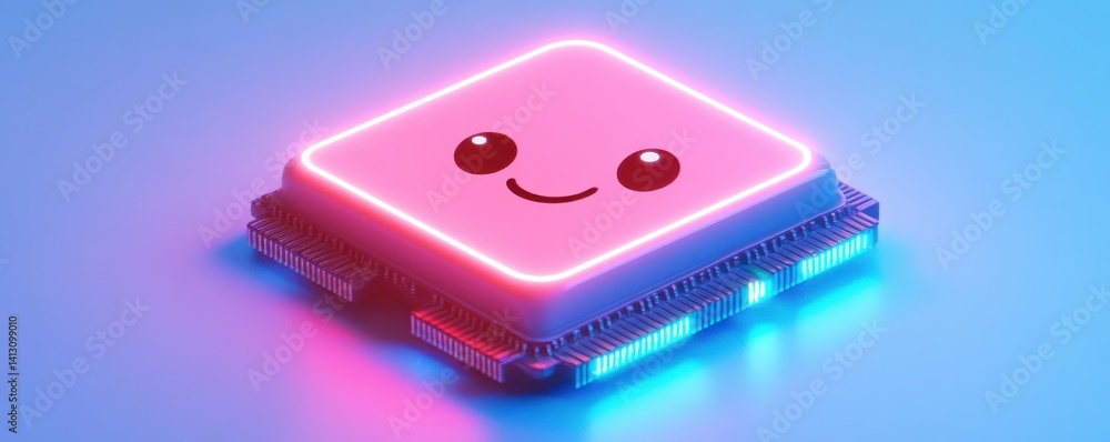 Poster smiling ai microchip with neon glow in a futuristic 3d design