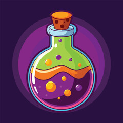 A pink vector illustration shows a transparent bottle, like a potion or perfume flask, with a glass and liquid
