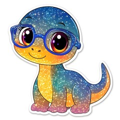Fototapeta premium Colorful dinosaur character with glasses, showcasing a whimsical design filled with stars and sparkles in a playful style