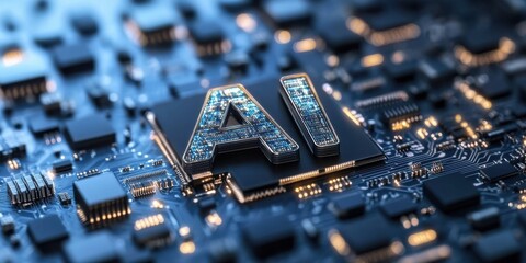 3D AI Logo on a Futuristic Circuit Board