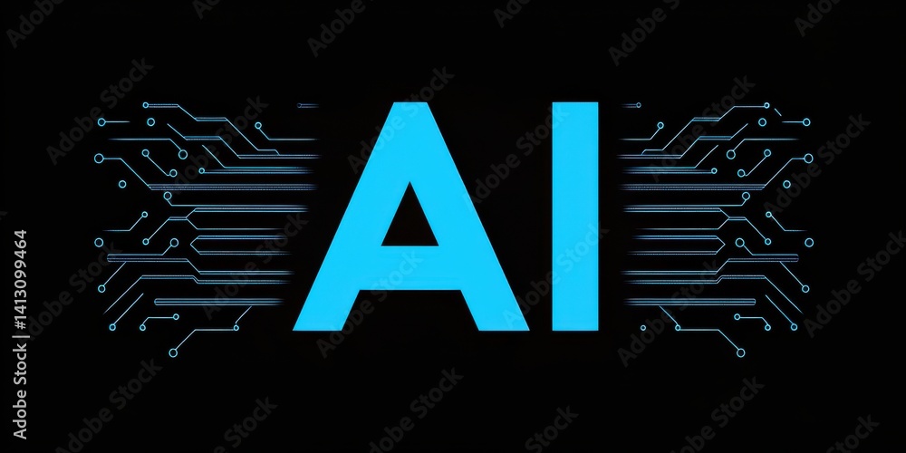 Poster blue glowing ai letters with circuit lines on a black background