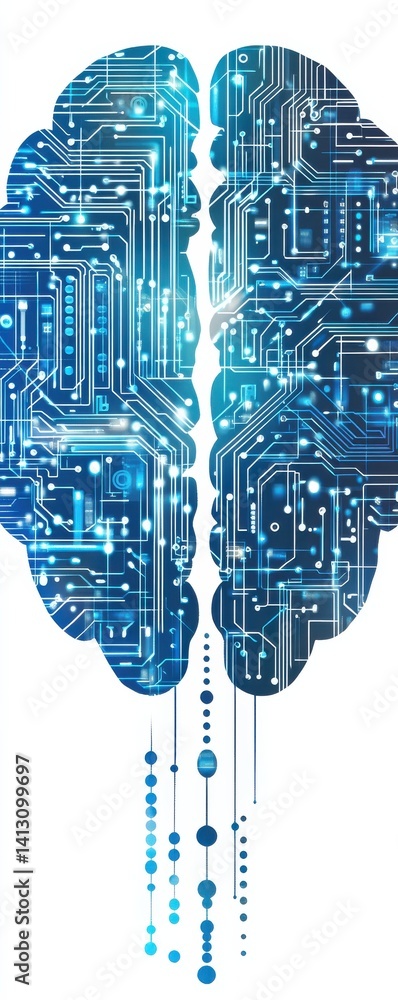 Poster digital representation of a human brain in circuits and technology theme