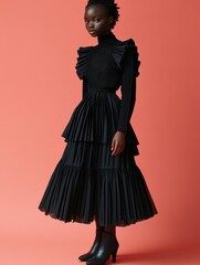 Naklejka premium Elegant Black Dress with Ruffled Detailing
