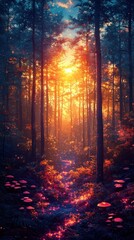 Enchanted forest with glowing mushrooms at sunset, mystical ambience