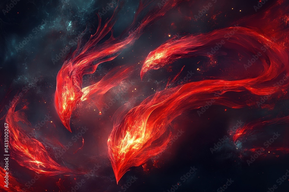 Poster glowing red liquid forms swirl in a cosmic dance, creating an otherworldly atmosphere, multiple red 