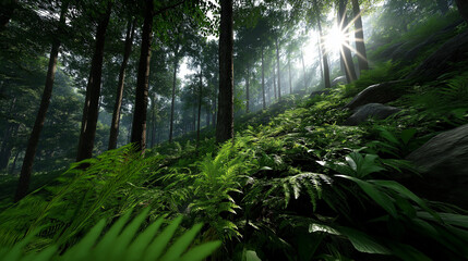 Fototapeta premium Fresh green fern in its natural habitat, surrounded by forest plants and greenery, fern, lush green, forest, natural environment, greenery, plant life, foliage, nature, woodland, undergrowth, tropical