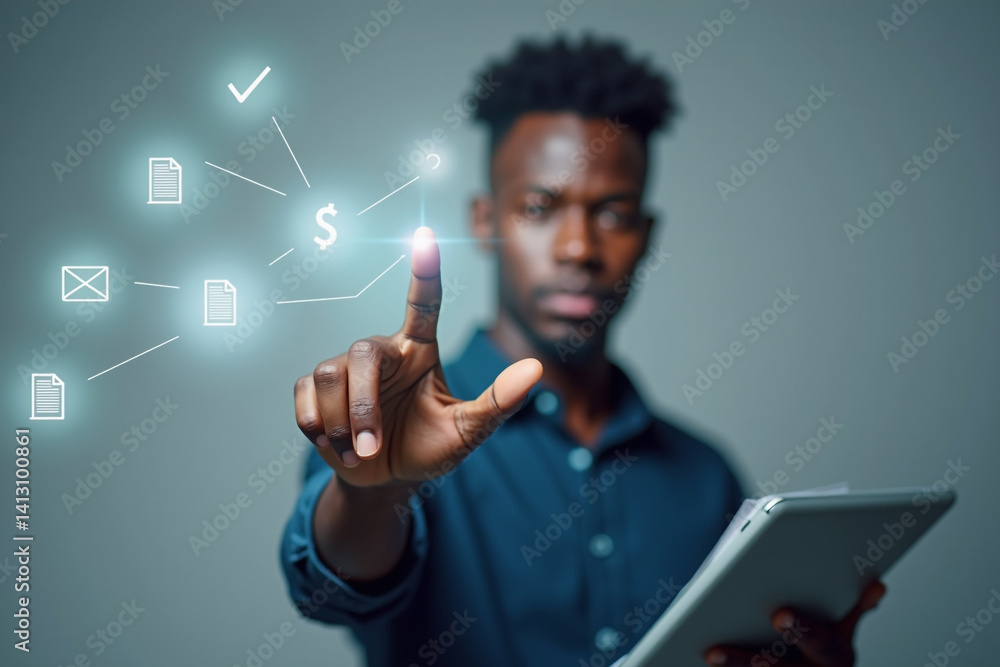 Poster businessman using pen to tick correct sign mark in checkbox for quality document control checklist a