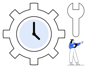 Large gear with embedded clock, woman holding clipboard and pointing, wrench for maintenance. Ideal for productivity, workflow, time management, engineering, teamwork, efficiency simple landing page