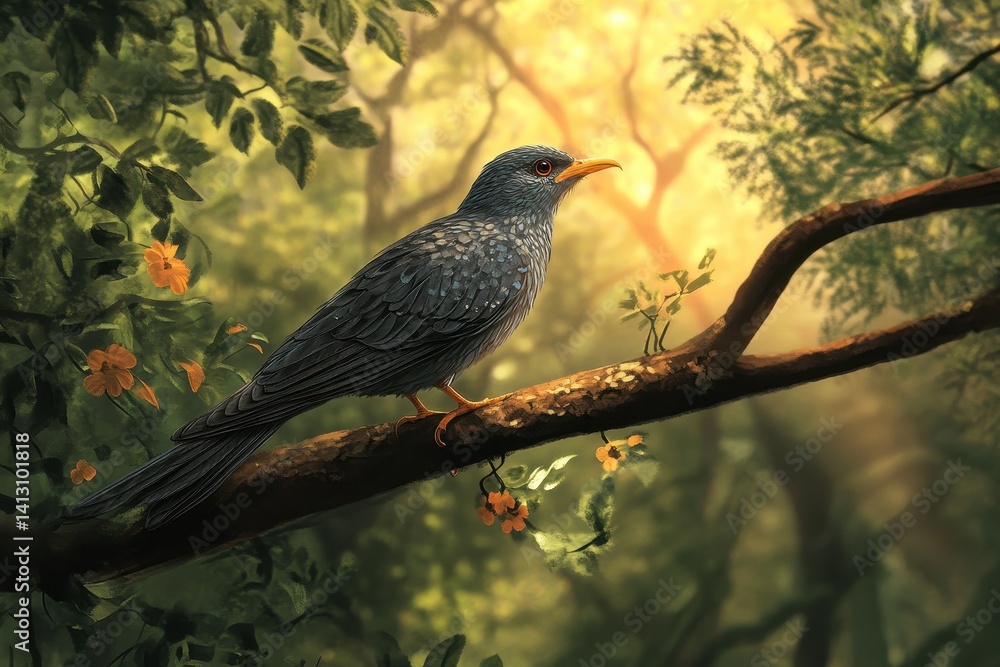 Poster common cuckoo cuculus canorus perched on a branch in a vibrant forest environment, common cuckoo cuc