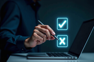 A businessman hands showing checks, marks, and wrong. The idea is to decide to vote. Think yes or no, Business options for difficult situations, true and false symbols.
