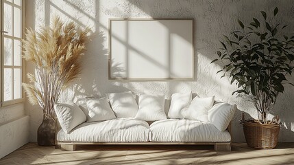Minimalist living room with a blank canvas, natural light, and a comfortable white sofa