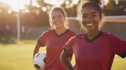 Female teenage soccer or football players, wearing red jerseys, smile with confidence standing on field. One holds a soccer ball, representing energy and teamwork. Image made using Generative AI.