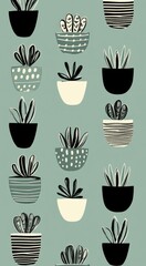 Hand Drawn Potted Plants Repeat Pattern Background