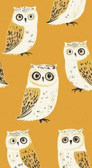 Stylized Owls Repeat Pattern on Yellow Background