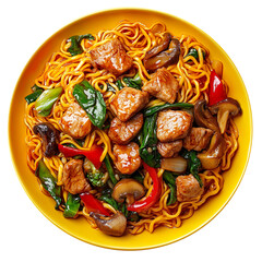 a circular yellow plate shot top down of meat and vegetable stir fry noodles, realistic food photography, isolated on a White background.