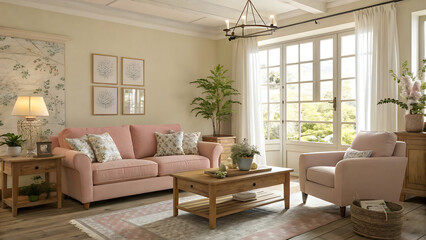 A cozy living room bathed in natural light, featuring soft pastel furniture.