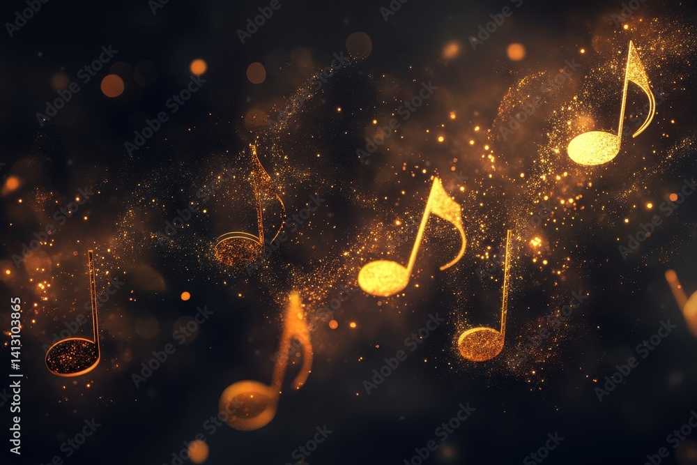 Aufkleber Musical notes ascend in harmony, creating a melodic flow in a darkened space, Musical note streaming up in melody with composer Musical Notes Flying
