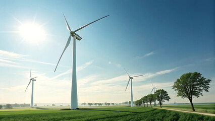 A digital illustration of clean energy wind turbines against a clear blue sky.