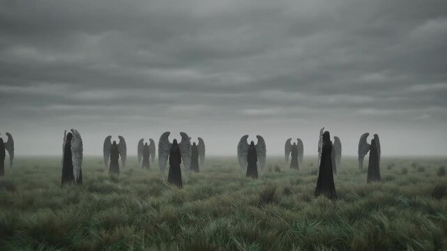 Dark angels gathering in a foggy field