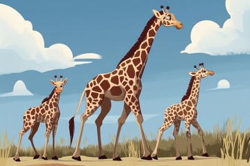 Obraz premium Giraffe family walks together across the savannah under a blue sky and fluffy clouds, A giraffe family is walking in the savannah