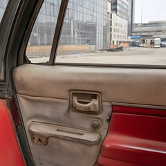 Dusty Red Car Interior Door Panel Closeup