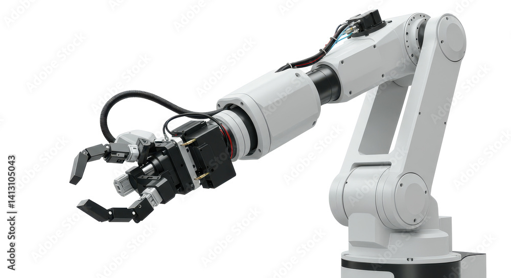 Poster a robotic arm with a gripper extending outwards against a plain background in a studio setting