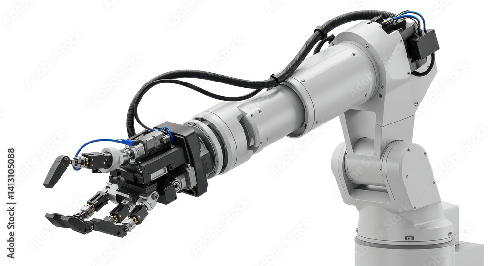 Poster a robotic arm with a gripper mechanism and visible cables against a dark background in a studio shot
