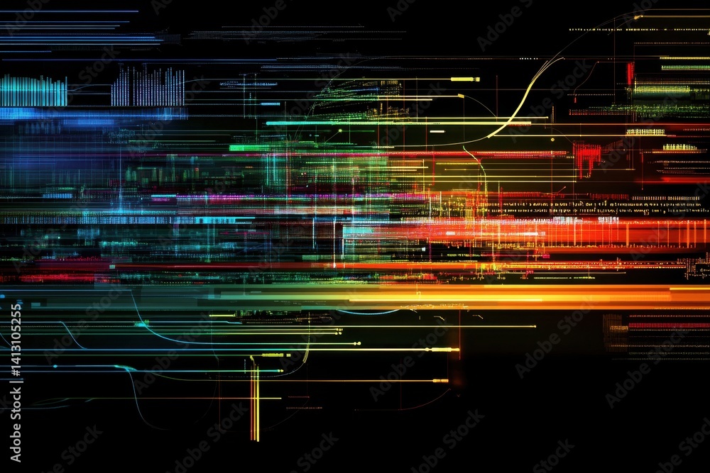 Poster data processing visualization over colorful lines on a black background for digital themes, data pro