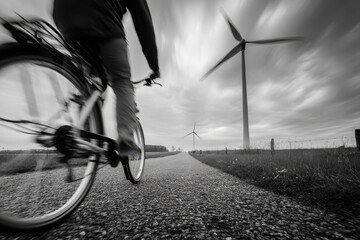 Naklejka premium A cyclist speeds past a wind farm on a gravel road, captured in black and white.