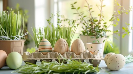 Set of biodegradable Easter decorations including recycled paper grass cardboard egg cartons hand painted wooden eggs displayed on a table with natural lighting and eco conscious aesthetic
