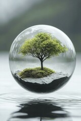 Small tree growing on mossy rock inside glass sphere floating above calm water outdoor scene