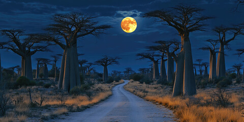 Fototapeta premium Majestic baobab trees under full moonlit night sky in african landscape