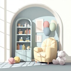 Nursery Backgrounds A cozy and stylish child's room with soft colors, bookshelves, and playful decor. baby room background