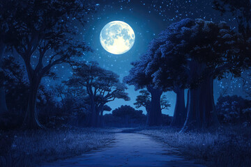 Fototapeta premium Nighttime forest with bright full moon and starry sky in a tranquil setting