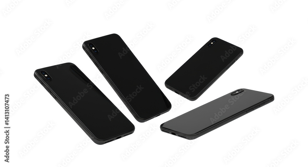 Poster four black smartphones arranged in a floating position on a completely black background view from ab