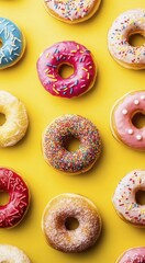 Various Frosted Doughnuts with Sprinkles on Yellow Surface Overhead View