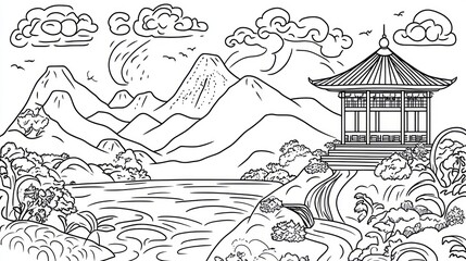 Fototapeta premium Asian landscape drawing, pagoda, mountains, lake, coloring book image