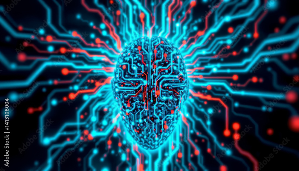 Poster digital representation of brain with circuits and glowing lines, symbolizing technology