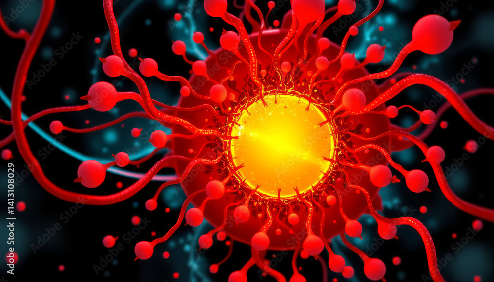 Poster colorful abstract representation of cell with red and yellow elements, showcasing intricate